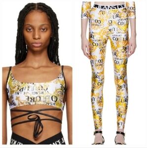Versace Jeans Couture Set Leggings  Bra Top Barocco White Gold Yellow Black Logo